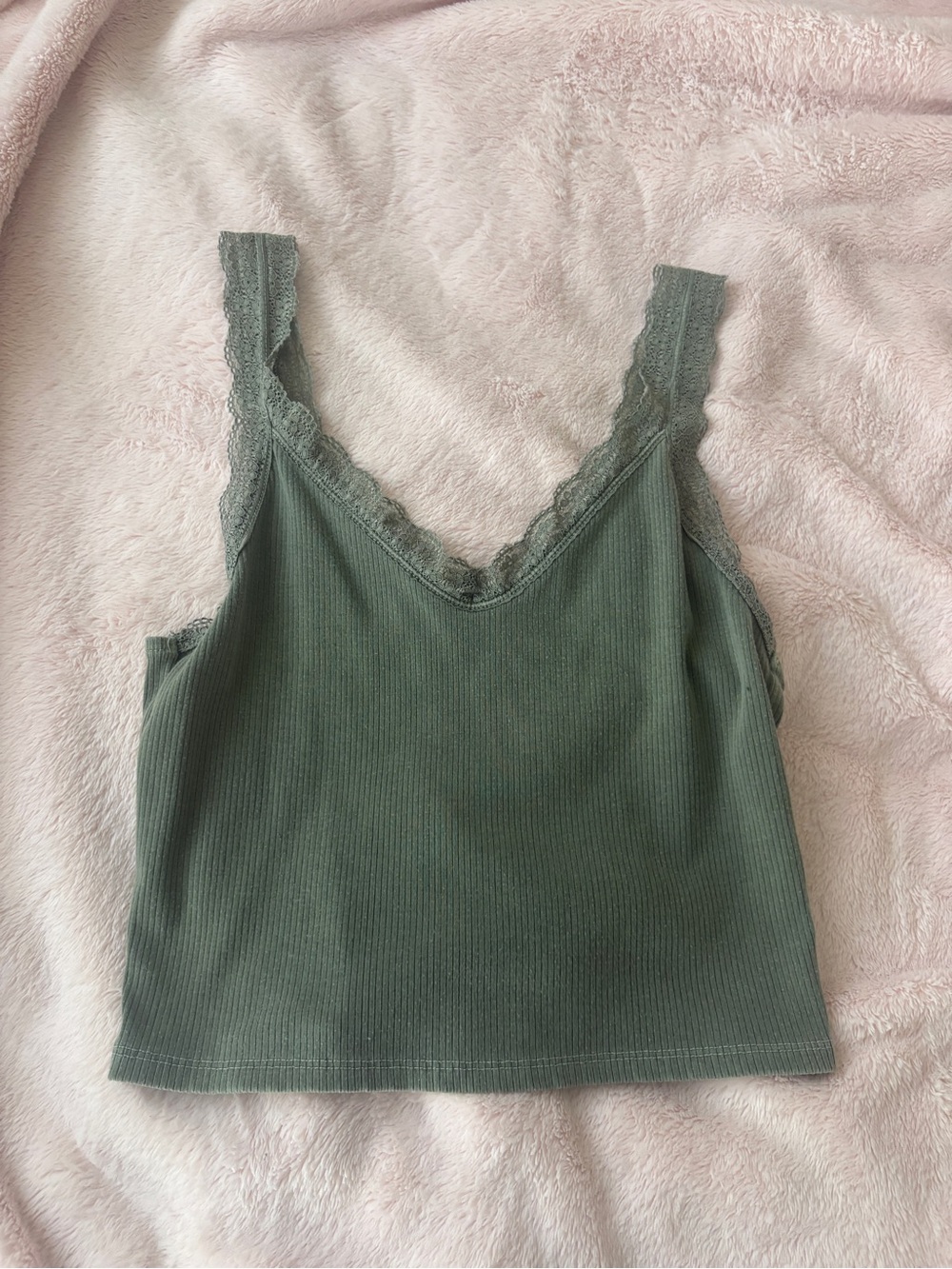 American Eagle Outfitters Olive Green Lace-Trim Ribbed Tank Top